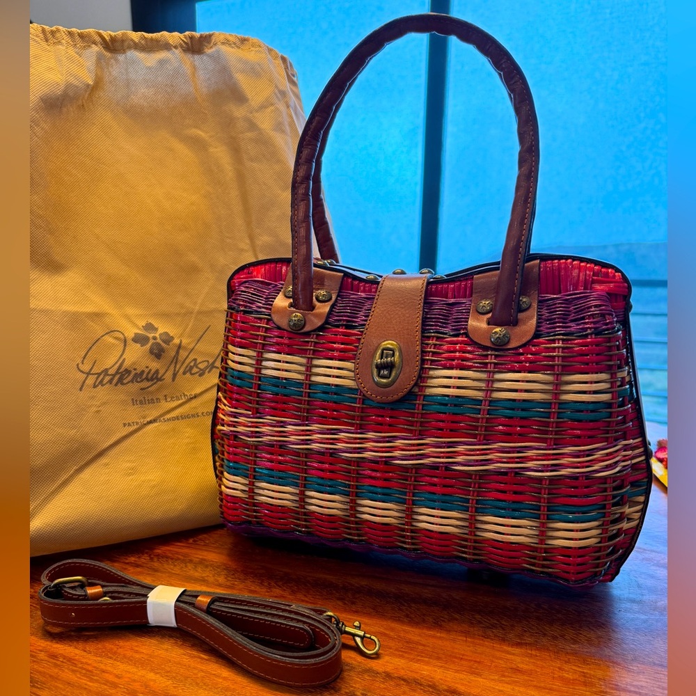 Patricia Nash Leather And Wicker Satchel Tote Bag Turn Lock